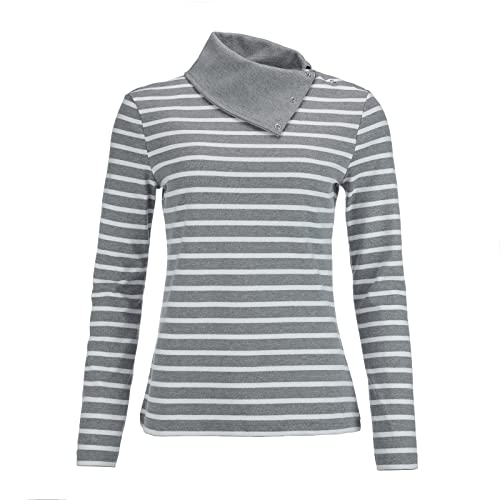 modAS Damen Langarmshirt Shirt mit Kragen mit Knopfleiste - Streifenshirt Ringelshirt Shirt für Frauen Langarm aus Baumwolle Grau/Weiß Größe 36 von modAS