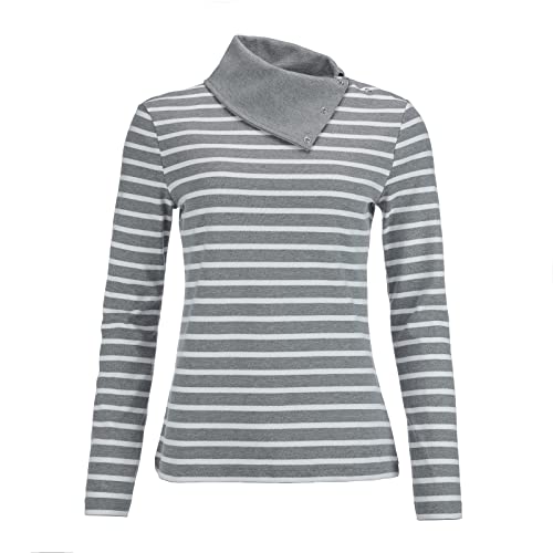 modAS Damen Langarmshirt Shirt mit Kragen mit Knopfleiste - Streifenshirt Ringelshirt Shirt für Frauen Langarm aus Baumwolle Grau/Weiß Größe 52 von modAS