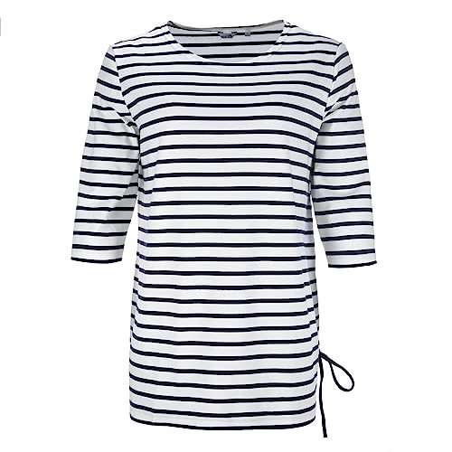 modAS Damen Long-Shirt 1/2-Arm Maritim mit Streifen - Rundhalsshirt mit modischer Schnürung in Weiß-Blau Größe 48 von modAS