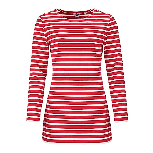 modAS Damen Long-Shirt mit Streifen Maritim - Gestreiftes Shirt Komfortschnitt aus Baumwolle in Rot-Weiß Größe 44 von modAS