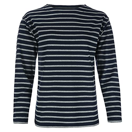 modAS Damen Shirt Bretonisches Damenshirt mit U-Boot Ausschnitt - Ringelshirt Streifenshirt Langarmshirt mit Streifen aus Baumwolle in Blau/Graumelange in Größe 50 von modAS