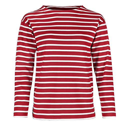 modAS Damen Shirt Bretonisches Damenshirt mit U-Boot Ausschnitt - Ringelshirt Streifenshirt Langarmshirt mit Streifen aus Baumwolle in Rot/Weiß in Größe 36 von modAS