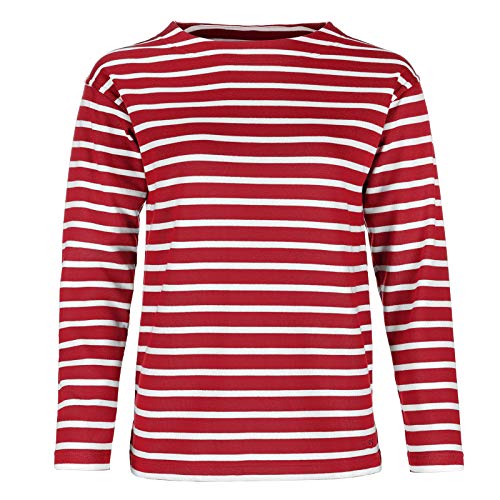 modAS Damen Shirt Bretonisches Damenshirt mit U-Boot Ausschnitt - Ringelshirt Streifenshirt Langarmshirt mit Streifen aus Baumwolle in Rot/Weiß in Größe 52 von modAS