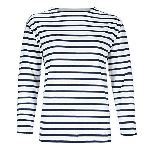 modAS Damen Shirt Bretonisches Damenshirt mit U-Boot Ausschnitt - Ringelshirt Streifenshirt Langarmshirt mit Streifen aus Baumwolle in Weiß/Blau in Größe 48 von modAS
