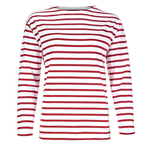 modAS Damen Shirt Bretonisches Damenshirt mit U-Boot Ausschnitt - Ringelshirt Streifenshirt Langarmshirt mit Streifen aus Baumwolle in Weiß/Rot in Größe 36 von modAS