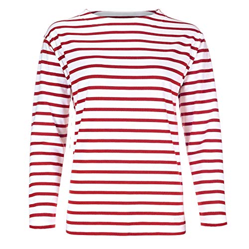 modAS Damen Shirt Bretonisches Damenshirt mit U-Boot Ausschnitt - Ringelshirt Streifenshirt Langarmshirt mit Streifen aus Baumwolle in Weiß/Rot in Größe 38 von modAS