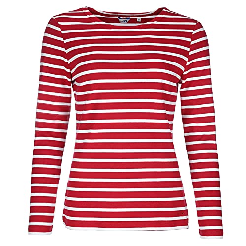 modAS Damen Shirt Streifenshirt 1/1-Arm - Ringelshirt Langarmshirt Damen Gestreift - Longsleeve Shirt mit Streifen aus Baumwolle in Rot/Weiß Größe 38 von modAS