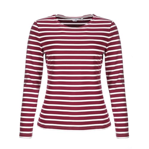 modAS Damen Shirt Streifenshirt 1/1-Arm - Ringelshirt Langarmshirt Damen Gestreift - Longsleeve Shirt mit Streifen aus Baumwolle in Vino-Weiß Größe 38 von modAS