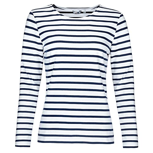 modAS Damen Shirt Streifenshirt 1/1-Arm - Ringelshirt Langarmshirt Damen Gestreift - Longsleeve Shirt mit Streifen aus Baumwolle in Weiß/Blau Größe 48 von modAS