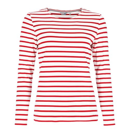 modAS Damen Shirt Streifenshirt 1/1-Arm - Ringelshirt Langarmshirt Damen Gestreift - Longsleeve Shirt mit Streifen aus Baumwolle in Weiß/Rot Größe 38 von modAS