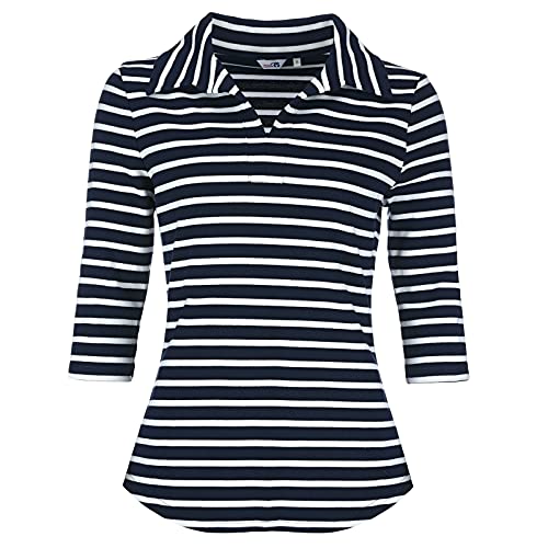 modAS Damen Shirt mit Polokragen und Streifen 3/4-Arm - Poloshirt Streifenshirt Ringelshirt aus Baumwolle in Blau/Weiß Größe 36 von modAS