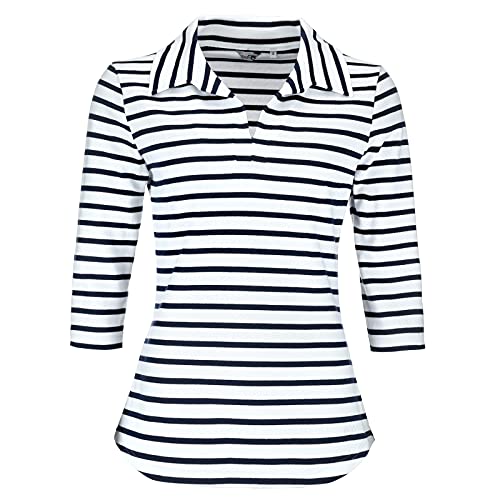 modAS Damen Shirt mit Polokragen und Streifen 3/4-Arm - Poloshirt Streifenshirt Ringelshirt aus Baumwolle in Weiß/Blau Größe 38 von modAS