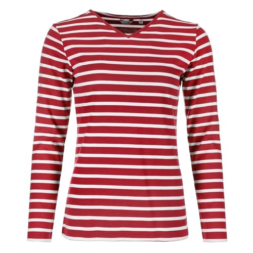modAS Damen Shirt mit Streifen und V-Ausschnitt - Bretonisches Streifenshirt Langarm aus Baumwolle in Rot-Weiß Größe 42 von modAS