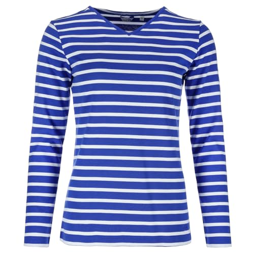 modAS Damen Shirt mit Streifen und V-Ausschnitt - Bretonisches Streifenshirt Langarm aus Baumwolle in Royal-Weiß Größe 50 von modAS