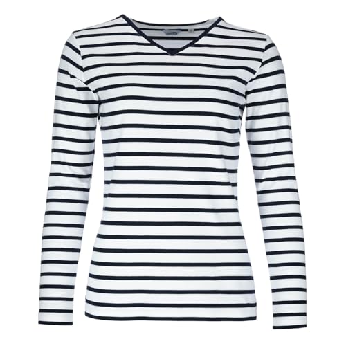 modAS Damen Shirt mit Streifen und V-Ausschnitt - Bretonisches Streifenshirt Langarm aus Baumwolle in Weiß-Blau Größe 46 von modAS