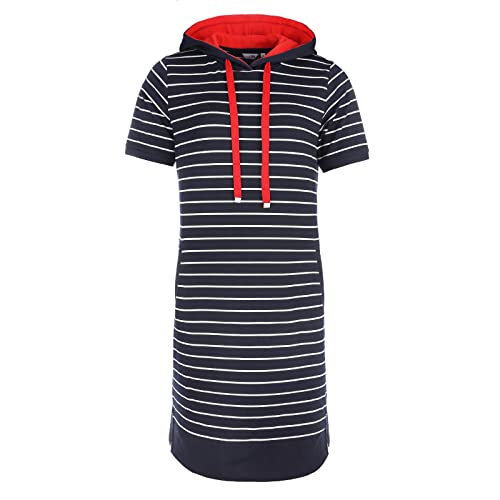 modAS Damen Sweatkleid mit Kapuze und Streifen - Gestreiftes Kapuzen-Kleid mit Taschen in Blau-Weiß Größe XXL von modAS