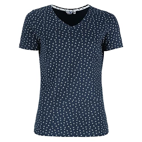 modAS Damen T-Shirt Anker-Print - Basic Kurzarm Shirt mit V-Ausschnitt für Frauen maritim in Blau/Weiß Größe 38 von modAS