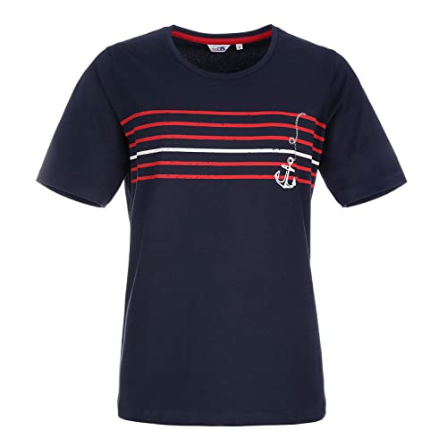 modAS Damen T-Shirt mit Anker-Streifen-Print - Maritimes Kurzarmshirt mit Rundhalsausschnitt in Marine Größe 48 von modAS