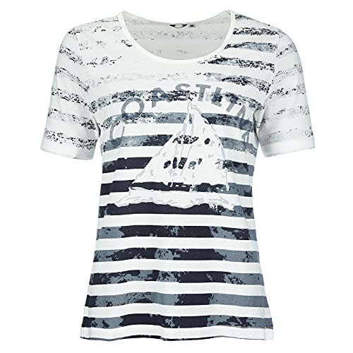 modAS Damen T-Shirt mit Aufdruck Coastline - Basic Kurzarm Shirt mit Rundhals-Ausschnitt für Frauen aus Baumwolle maritim in Weiß/Blau Größe 36 von modAS