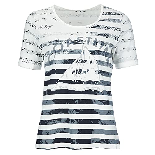 modAS Damen T-Shirt mit Aufdruck Coastline - Basic Kurzarm Shirt mit Rundhals-Ausschnitt für Frauen aus Baumwolle maritim in Weiß/Blau Größe 38 von modAS