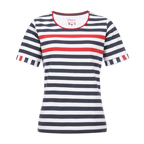 modAS Damen T-Shirt mit Blockstreifen Maritim - Ringelshirt Streifenshirt Basic Shirt mit Streifen aus Baumwolle in Weiß-Rot-Marine Größe 36 von modAS