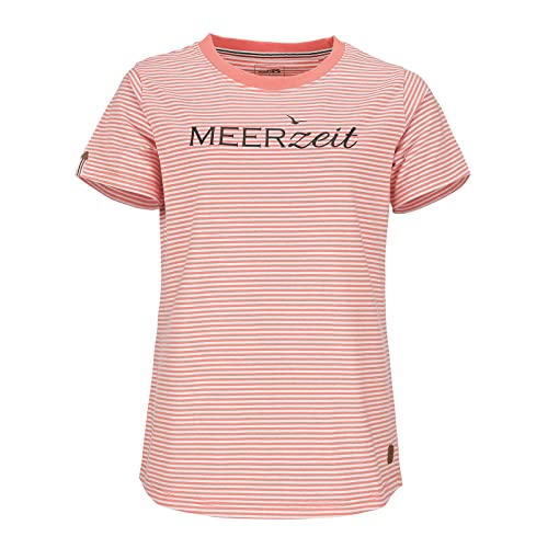 modAS Damen T-Shirt mit Streifen und Print Meerzeit - Ringelshirt Streifenshirt Rundhals Basic Shirt Gestreift in Koralle-Weiß Größe 36 von modAS