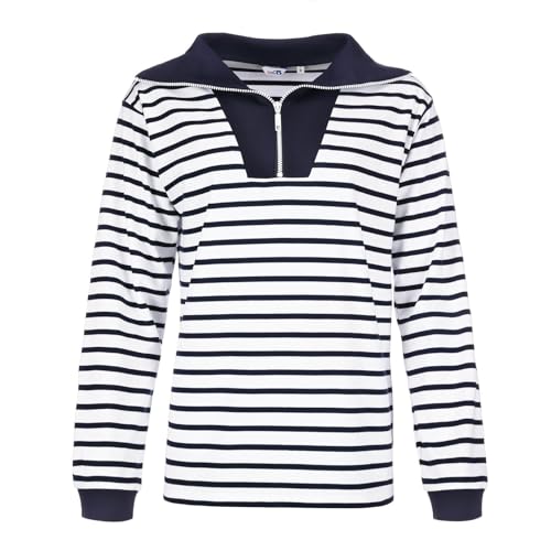 modAS Damen Troyer-Shirt Maritim mit Streifen - Gestreiftes Langarmshirt aus Baumwolle in Weiß-Blau Größe 38 von modAS