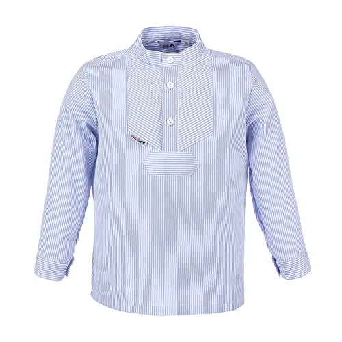 modAS Kinder Fischerhemd Sommer Langarm-Shirt mit Stehkragen - Gestreiftes Hemd im Finkenwerder-Stil in Azur-Weiß Größe 134 von modAS