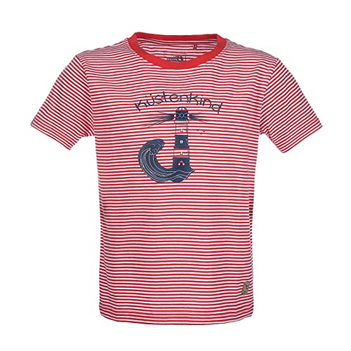 modAS Kinder T-Shirt mit Leuchtturm-Print und Schriftzug Küstenkind - Gestreiftes Rundhals-Kindershirt Mädchen Jungen aus Baumwolle in Rot/Weiß Größe 98 bis 104 von modAS