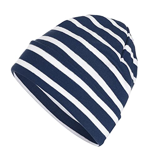 modAS Mütze Maritime Rollmütze Unisex für Kinder und Erwachsene - Ringelmütze Baumwollmütze mit Streifen in Blau-Melange/Weiß bis 55 cm Kopfumfang (Kind) von modAS