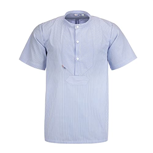 modAS Unisex Fischerhemd Sommer Kurzarm-Shirt mit Stehkragen - Gestreiftes Hemd im Finkenwerder-Stil in Azur-Weiß Größe Damen 52 - Herren 58 von modAS