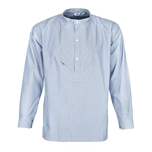 modAS Unisex Fischerhemd Sommer Langarm-Shirt mit Stehkragen - Gestreiftes Hemd im Finkenwerder-Stil in Azur-Weiß Größe Damen 60 - Herren 66 von modAS