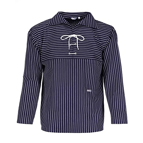 modAS Unisex Original Takelhemd mit V-Ausschnitt mit Kordelschnürung - Maritimes Fischerhemd mit Brusttasche mit Breiten Streifen in Blau Größe Damen 54 - Herren 60 von modAS