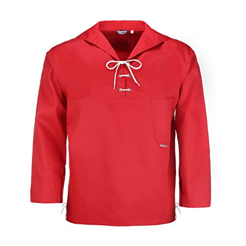 modAS Unisex Schlupfblouson Maritim mit Kordelschnürungen - Fischerhemd Uni mit Brusttasche in Rot Größe Damen 46 - Herren 52 von modAS