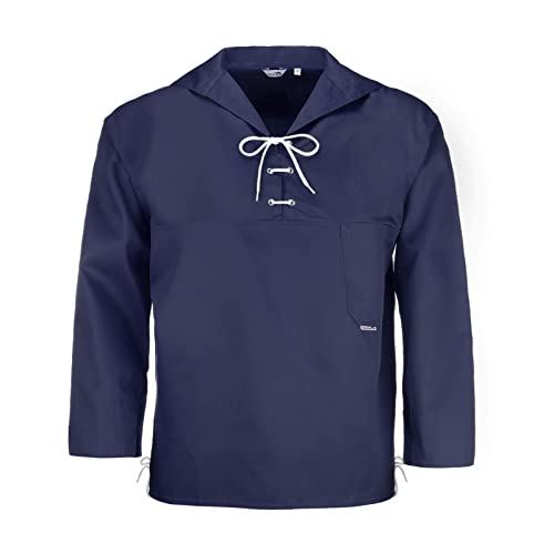 modAS Unisex Schlupfblouson Maritim mit Kordelschnürungen - Fischerhemd Uni mit Brusttasche in Marine Größe Damen 54 - Herren 60 von modAS