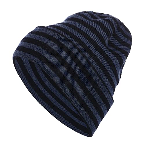 modAS Unisex Strickmütze Mütze gestreift Geringelt - Damen Herren Ringelmütze aus Reiner Schurwolle Merino in Navy/Jeans von modAS