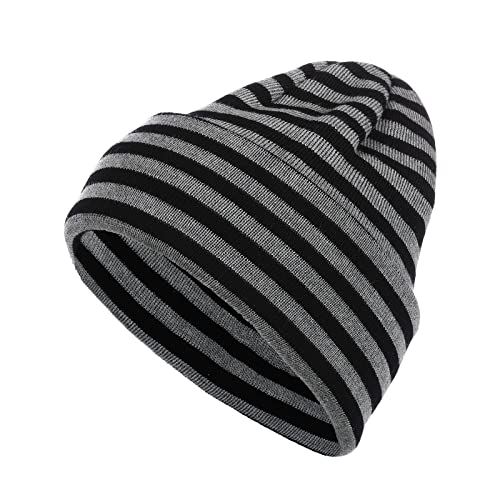 modAS Unisex Strickmütze Mütze gestreift Geringelt - Damen Herren Ringelmütze aus Reiner Schurwolle Merino in Schwarz/Grau von modAS