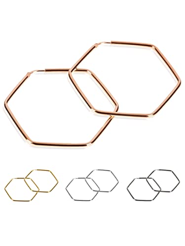 modabilé Creolen Hängend Sechseck Hexagon Damen Roségold Vergoldet (50mm) 925 Sterling Silber: Eckige Ohrringe Groß Edel Statement Ohrhänger Frauen von modabilé