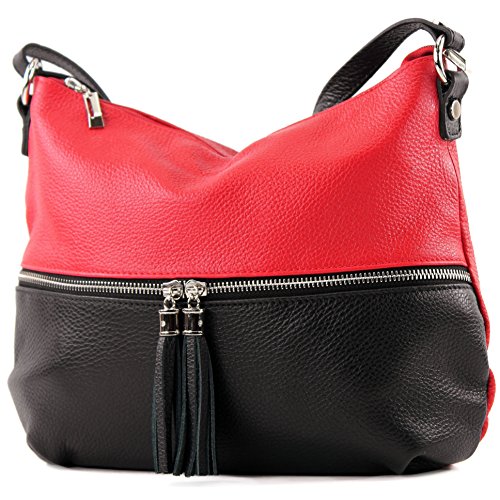 modamoda de - T159 - ital Umhängetasche Schultertasche aus Leder, Farbe:Rot/Schwarz von modamoda de