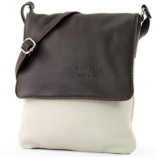 modamoda de - T34 - ital Damen Umhängetasche Schultertasche Klein, Farbe:Creme/Dunkelbraun von modamoda de