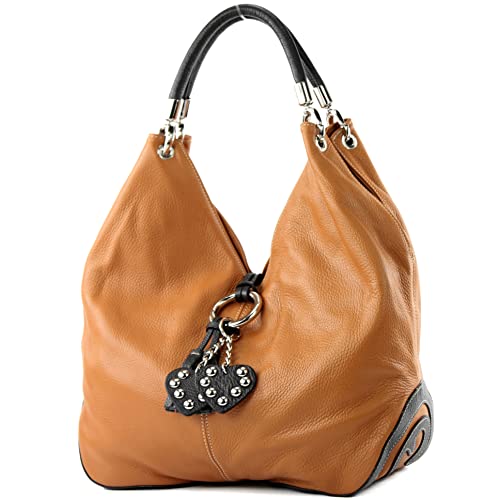 modamoda de - 330 - ital. Leder Damen Schultertasche Large, Farbe:Camel/Dunkelbraun von modamoda de