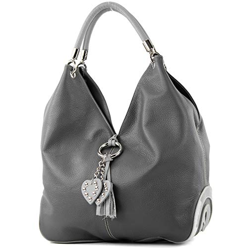 modamoda de - 330 - ital. Leder Damen Schultertasche Large, Farbe:Dunkelgrau/Grau von modamoda de