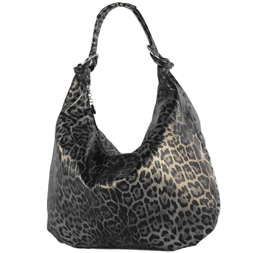 modamoda de - 337 - ital Schultertasche Hobo Shopper Leder, Farbe:Leo/Schwarz_Silbergrau/Metallic von modamoda de