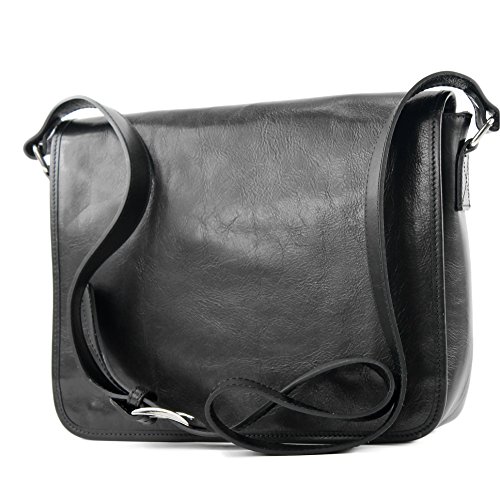 modamoda de A001 3 Größen Herren Unisex Leder Umhängetasche Messenger Bag handmade in Italy, Farbe:A001 Medium Schwarz von modamoda de