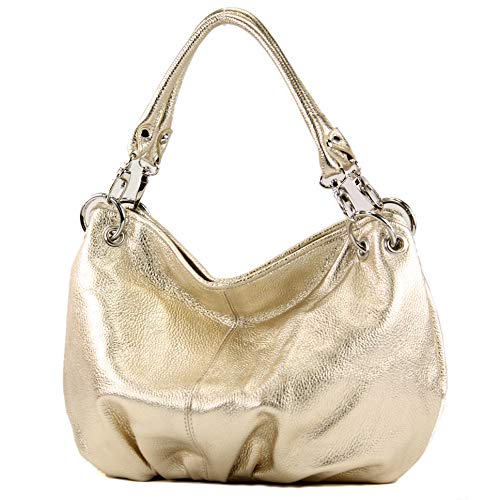 modamoda de - IT40 - ital. Damen Schultertasche aus Leder, Farbe:Lightgold-Metallic Leder von modamoda de