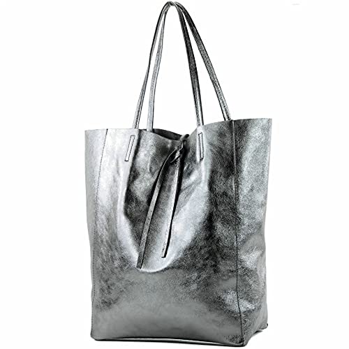 modamoda de - T163 - Ital. Shopper Large mit Innentasche aus Leder, Farbe:Anthrazit-Metallic von modamoda de