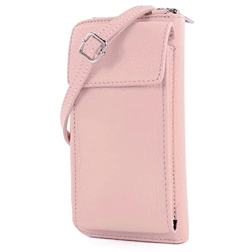 modamoda de P06 Damen Leder Umhängetasche Geldbörse Handytasche 6,5 Zoll handmade in Italy, Farbe:Rosabeige hell von modamoda de