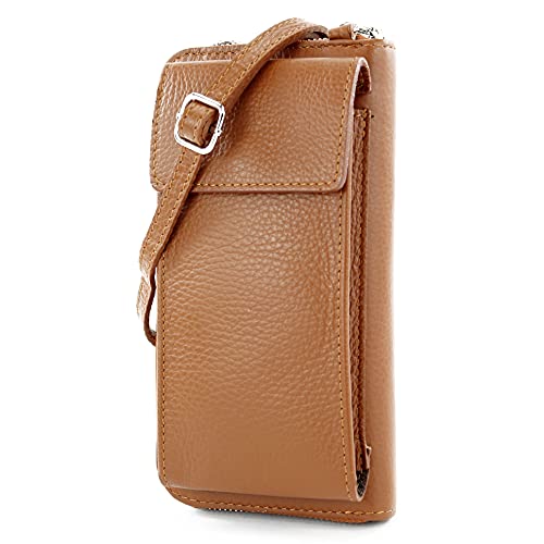 modamoda de - P06 - ital. Damen Umhängetasche Geldbörse Handytasche Leder, Farbe:Cognac von modamoda de