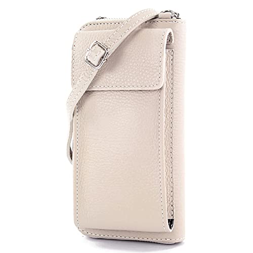 modamoda de - P06 - ital. Damen Umhängetasche Geldbörse Handytasche Leder, Farbe:Creme von modamoda de