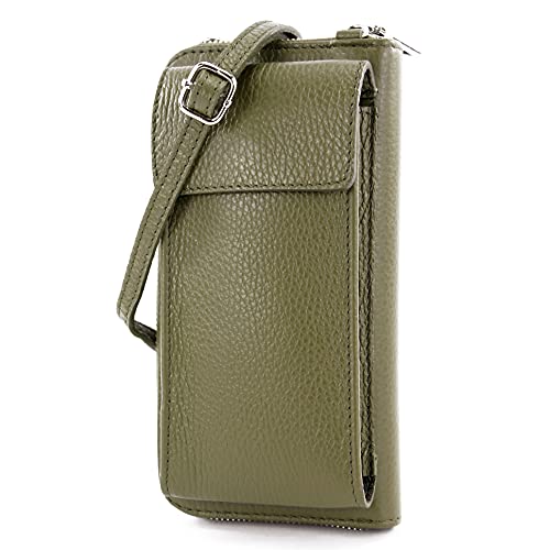modamoda de P06 Damen Leder Umhängetasche Geldbörse Handytasche 6,5 Zoll handmade in Italy, Farbe:Olivgrün von modamoda de